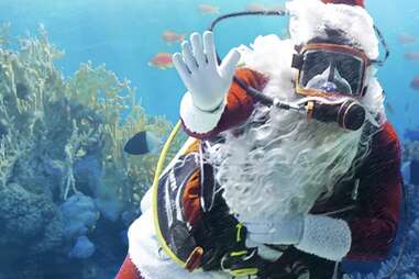 scuba santa waves from a tank in the adventure aquarium in new jersey