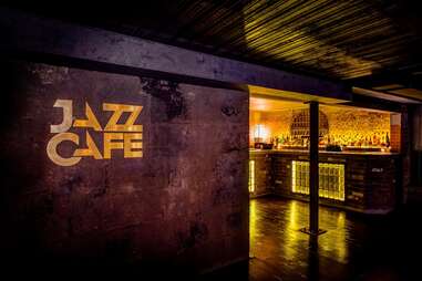 entryway to bar with "jazz cafe" signage