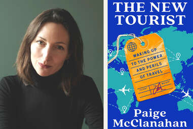 author Paige McClanahan in a black turtleneck, next to an image of her book The New Tourist