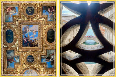 two images of ornate art and architecture in venice, italy, including a religious paintaing on a ceiling and a view of a bridge over a canal