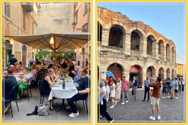 two vertical images of verona, including an outdoor cafe and an amphitheater