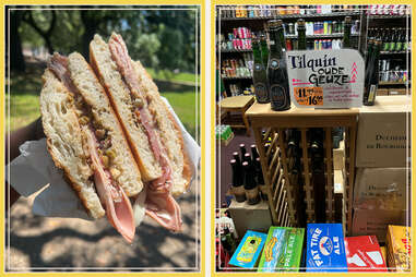 Left: The author holds a Muphuletta while picnicking in a park. Right: The beer room, which is tucked into the back corner of Stein's Deli.