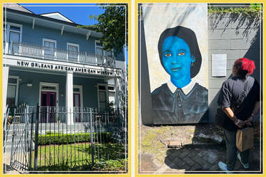 Left: The exterior of the New Orleans African American Museum. Right: The author's sister reads a plaque while admiring a mural in the museum's outdoor mural garden.