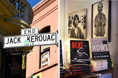 side-by-side photos of a jack kerouc road sign and beat poetry books for sale on shelves