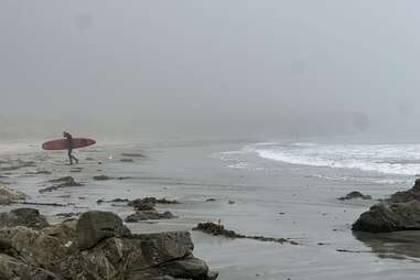 a surfer walks out of the ocean on a foggy beach