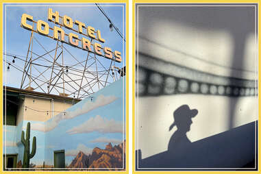 side by side images of the sign for the haunted hotel congress in tucson, and a shadow of a cowboy silhouette in tucson, arizona