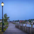 Dawn at the Mystic River Boardwalk in Connecticut,