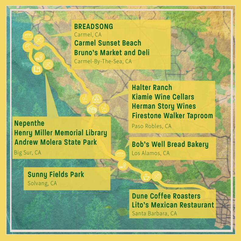 map of california with a yellow line drawn through this road trip from los angeles to big sur, with yellow boxes highlighting many of the stops on the trip in Santa Barbara, Paso Robles, Carmel, and Big Sur.