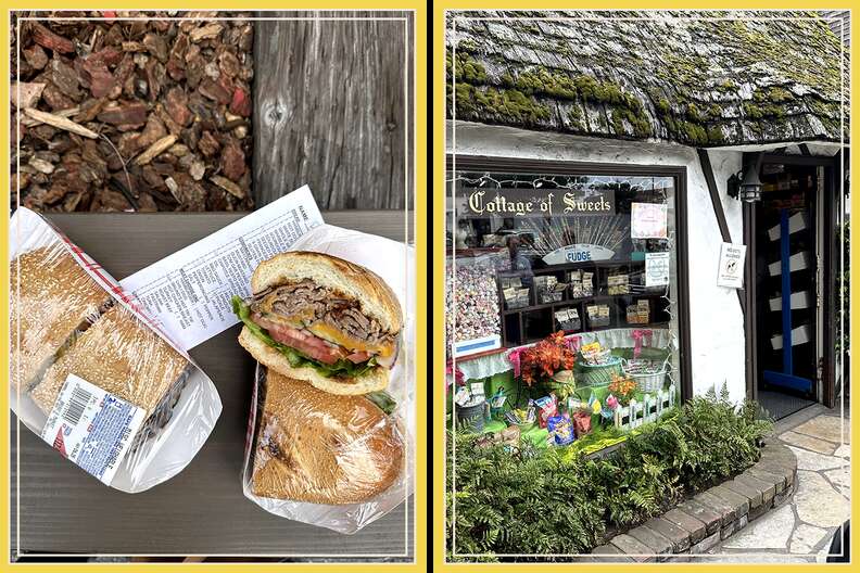 two images, on the left a tri-tip sandwich and the right the famed candy shop cottage of sweets, both in carmel-by-the-sea, california